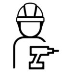 Icon of an installer wearing a hard hat and holding a power drill