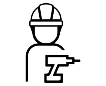 Icon of an installer wearing a hard hat and holding a power drill