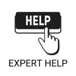 Hand clicking a HELP button icon, representing expert assistance for smart thermostat users