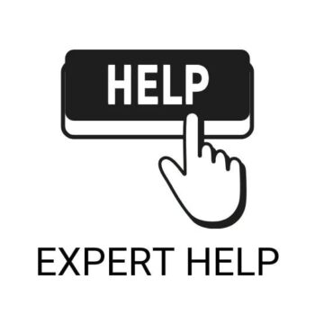 Hand clicking a HELP button icon, representing expert assistance for smart thermostat users
