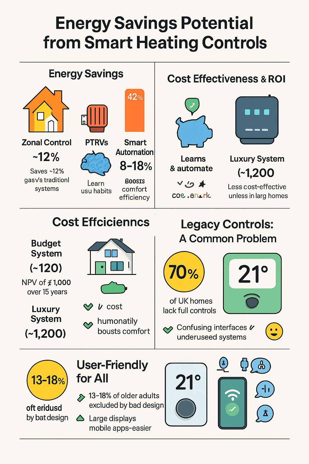 Infographic showing energy savings potential (12-18%+), cost-effectiveness (ROI), and usability benefits of smart heating controls compared to legacy systems in UK homes.