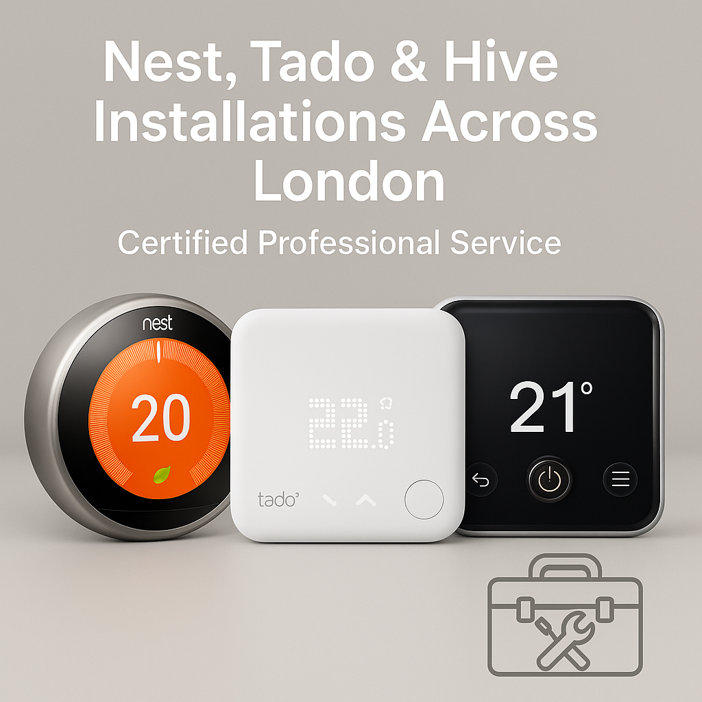 Three smart thermostats — Nest, Tado, and Hive — displayed side by side with a toolbox icon, promoting certified installation services in London.