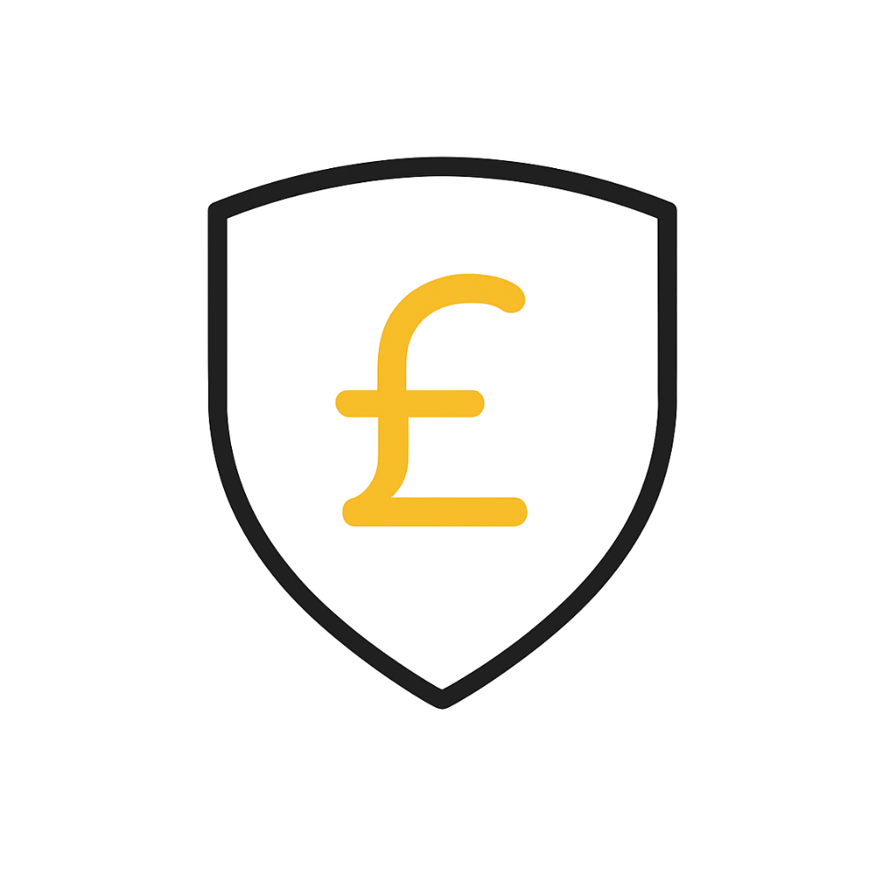 Shield icon with gold pound symbol representing energy cost savings