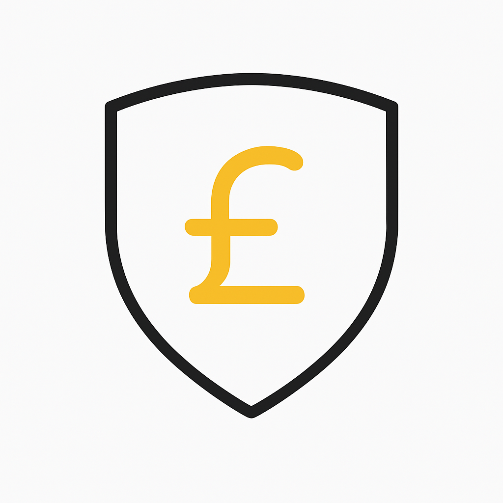Shield icon with gold pound symbol representing energy cost savings