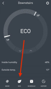 Nest app thermostat screen with ECO mode activated and arrow pointing to the Eco button