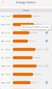 Nest app energy history showing daily heating usage with Home/Away Assist message