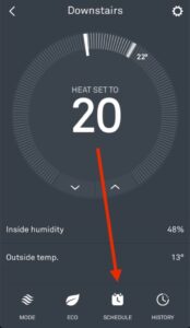 Nest app showing thermostat screen with arrow pointing to the Schedule button