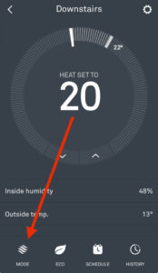 Nest app thermostat screen with red arrow pointing to the MODE button