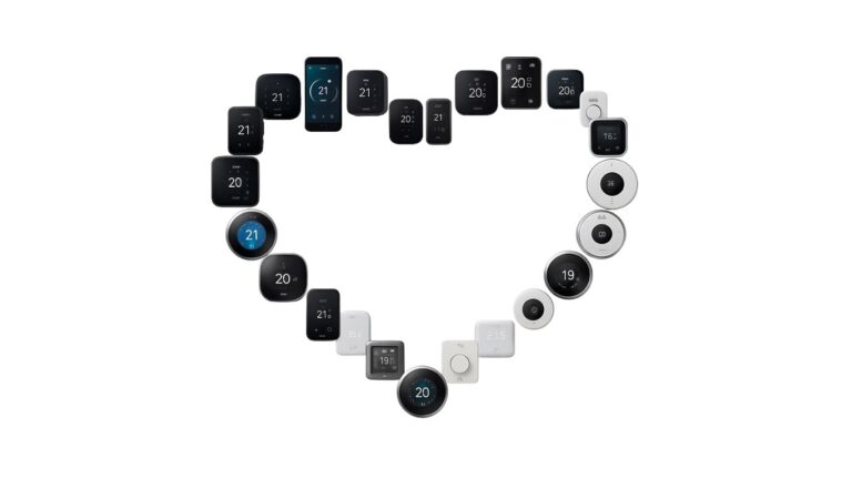Heart shape made from smart thermostats and phones, symbolising customer support and appreciation