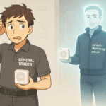 A confused general trader holds a smart thermostat while a confident smart-thermostat.co.uk engineer approaches in the background.