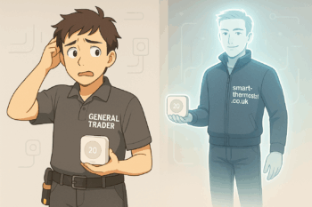 A confused general trader holds a smart thermostat while a confident smart-thermostat.co.uk engineer approaches in the background.