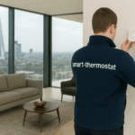 Engineer from smart-thermostat.co.uk installing a Tado smart thermostat in a luxury London penthouse with skyline view
