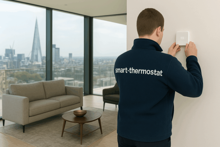 Engineer from smart-thermostat.co.uk installing a Tado smart thermostat in a luxury London penthouse with skyline view