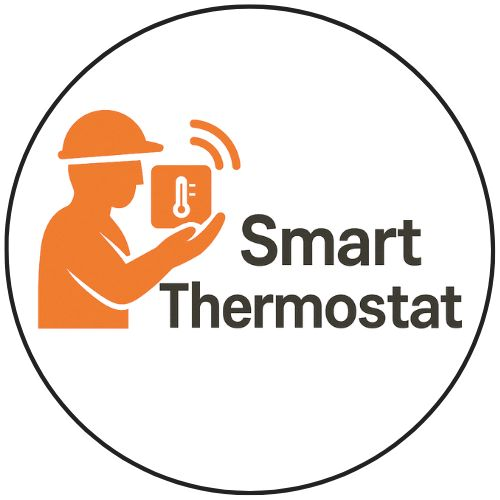 Smart Thermostat logo showing a professional installer holding a wireless smart thermostat enclosed in a thin black circle