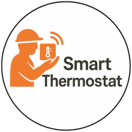Smart Thermostat logo showing a professional installer holding a wireless smart thermostat enclosed in a thin black circle