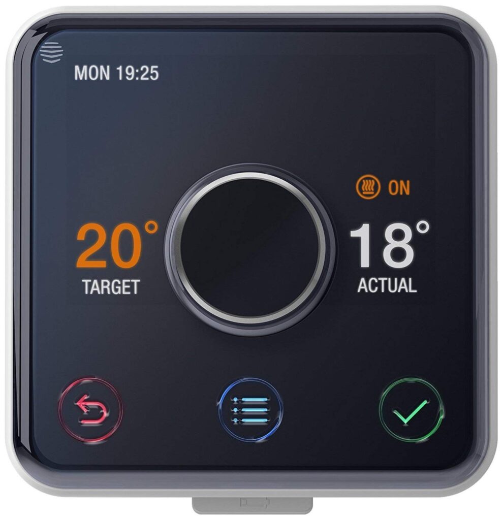 Hive Active Heating smart thermostat showing target temperature 20 degrees and actual temperature 18 degrees