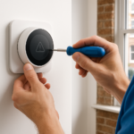 Smart thermostat repair specialist fixing a smart thermostat with a blank black display with whith surround on a wall trim in a London home.