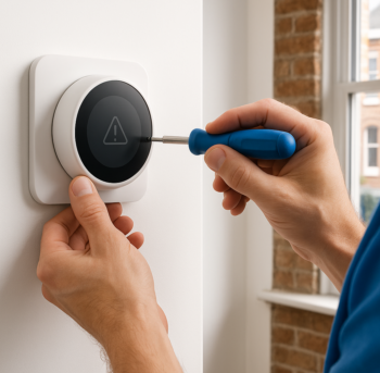Smart thermostat repair specialist fixing a smart thermostat with a blank black display with whith surround on a wall trim in a London home.