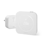 tado° X Gen 2 thermostat with circular LED display, beside Bridge X