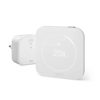 tado° X Gen 2 thermostat with circular LED display, beside Bridge X