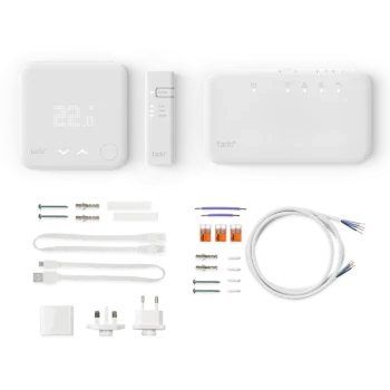 Tado V3+ starter kit box contents, including thermostat, wireless receiver, Internet Bridge, cables and mounting accessories